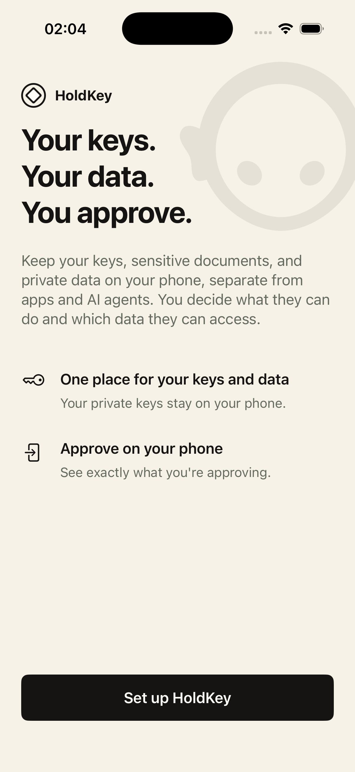 HoldKey onboarding prototype introducing keys and private data kept on your phone, with approval on the phone